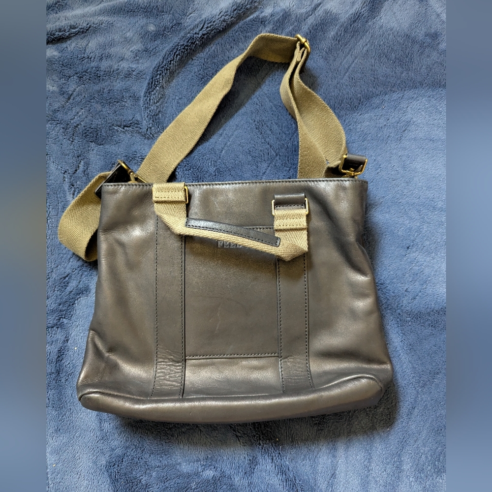 FEED Project Small Tote Black Leather Army Green Adjustable Strap Brass Detail
